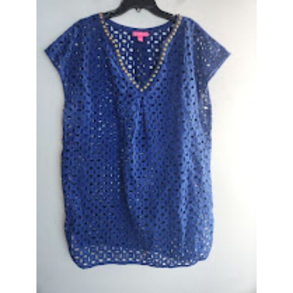 Lilly Pultizer Target Blue w/Bronze Detail Open Eyelet 100% Cotton Swim Cover 1X - Picture 2 of 7